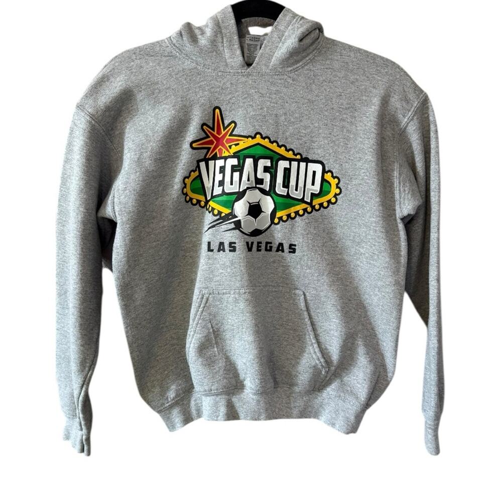 Gildan Gray Pullover Hoodie with Vibrant Graphic Design youth L